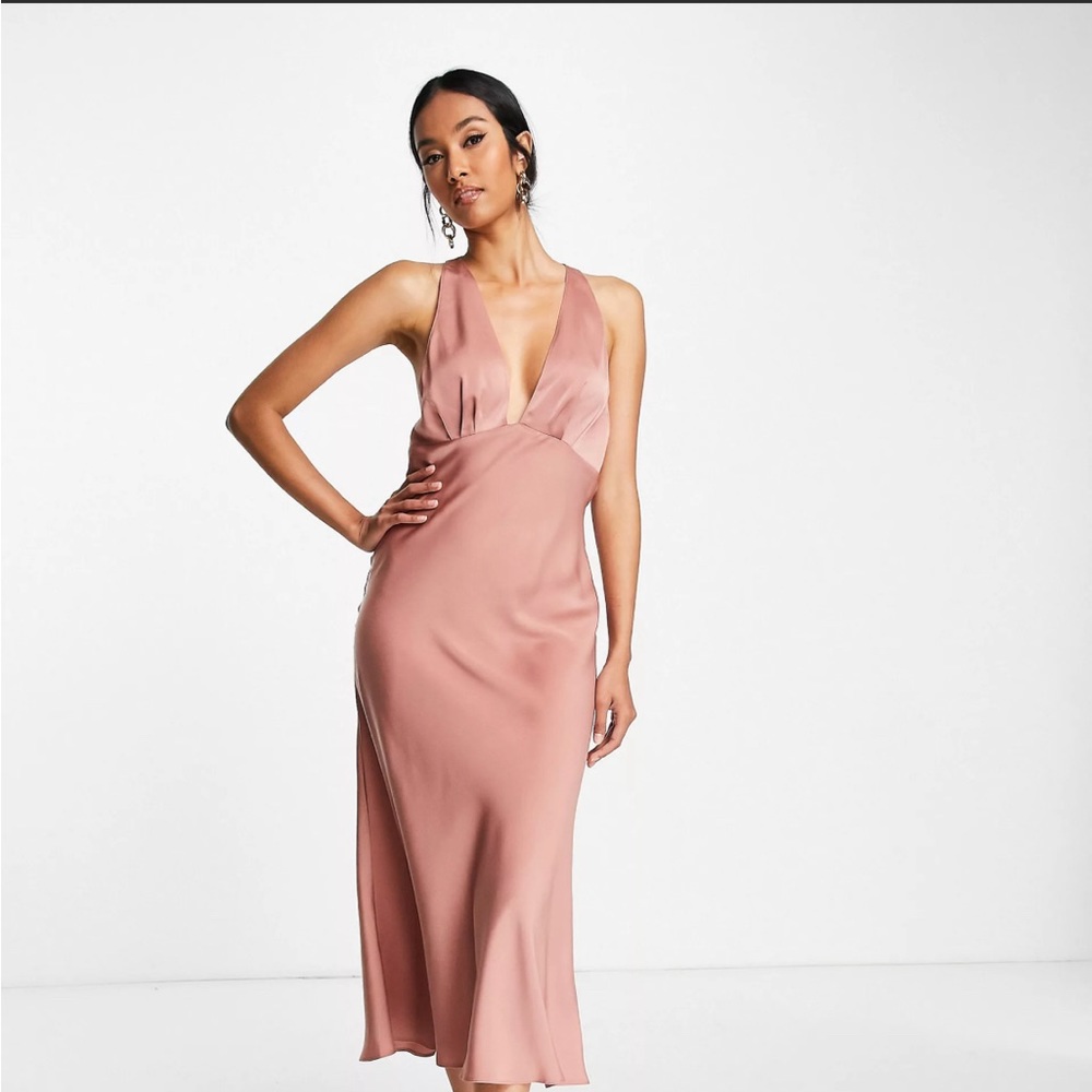 ASOS DESIGN satin bias cut plunge racer back midi dress in Blush. Size US 4